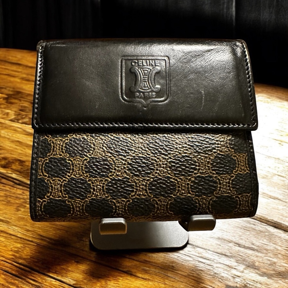 Celine Black and Brown Macadam Compact Wallet